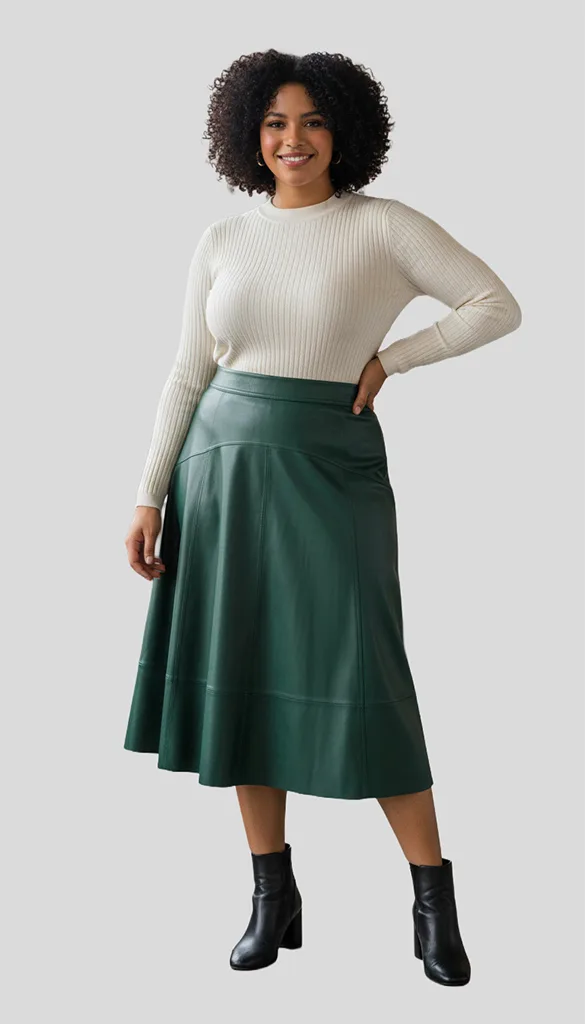 plus-sie-leather-skirt-long model wearing a plus sie leather skirt